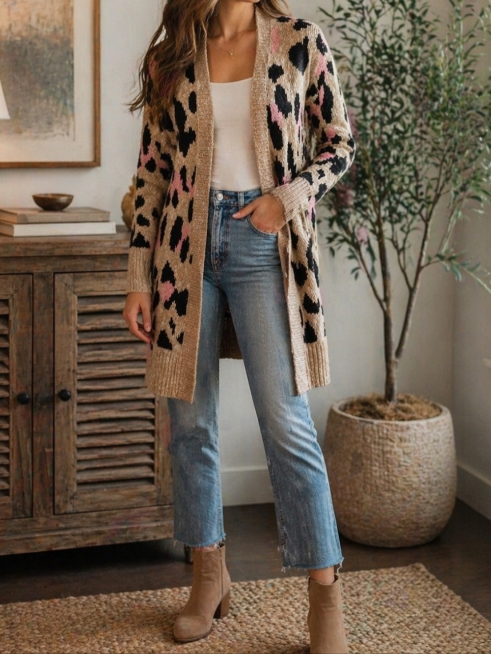 Mossimo Supply Co. Beige Leopard Cardigan with Pink and Black Spots